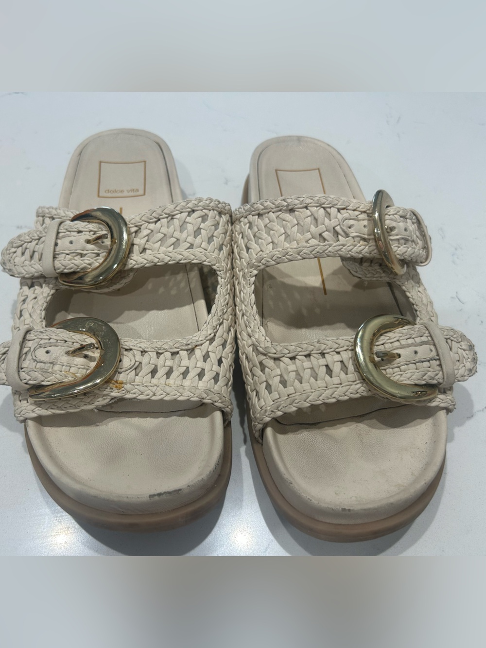 Dolce Vita Cream Braided Double-Buckle Slide Sandals